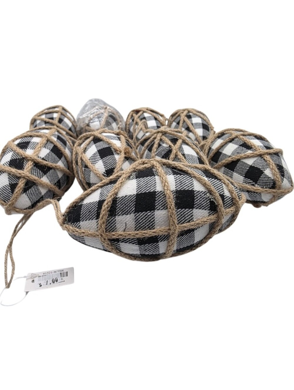 Buffalo Plaid Christmas Tree Ornaments Jute Black White Set Of 9 Holiday NEW